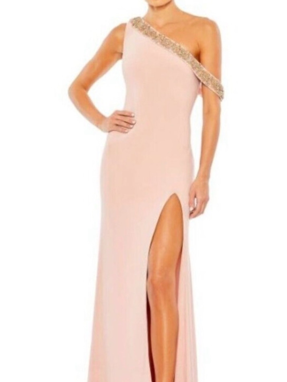 NWT Mac Duggal 68163 One Shoulder Beaded Gown SZ 4 Blush High Slit Formal Dress